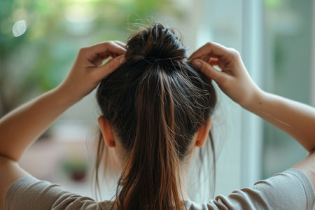 Stylish Woman Tying Her Hair In A Ponytail From Behindの素材