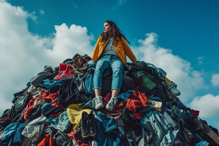 Woman Sits On Towering Pile Of Clothes And Shoes, Capturing Fashion Industries Environmental Impactの素材
