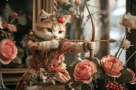 Cat Cupid In Romantic Renaissance Motif Shooting Arrows On Valentines Day. Ð¡oncept Valentine's Day Photoshoot, Romantic Renaissance Theme, Cupid Cat, Shooting Arrows, Heartfelt Portraitsの素材