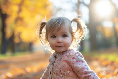 Child With An Adorable Ponytail Playing In Park, Radiating Innocence And Playfulness. Ð¡oncept Sweet Moments Of Sibling Love, Vibrant Spring Blooms, Candid Family Portraitsの素材