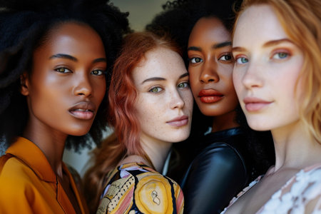 Group Of Diverse, Stunning Women With Radiant Skin And Individual Styles. Ð¡oncept Fashion Forward Men, Urban Street Style, Nature-Inspired Fashion, Vintage Glamour, Sporty Chicの素材