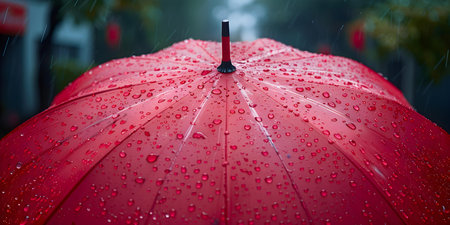 Protective umbrella being hit by raindrops in inclement weather. Concept Rainy Day Photography, Umbrella in Rain, Weather Elements, Protective Gear, Raindrop Close-upの素材