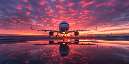 Airplane on tarmac under colorful sky aspect ratio Sunrise or sunset. Concept Nature, Transportation, Sky, Sunset, Sunriseの素材