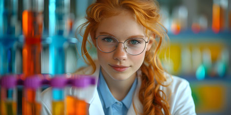 A female scientist in a lab coat examines liquids in glass containers. Concept Science, Laboratory, Research, Exploration, Chemistryの素材