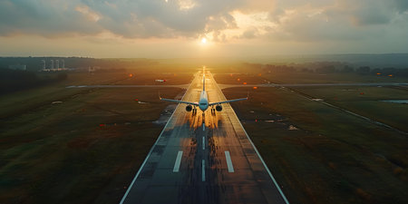 Airplane ascends into the sky after departing from airport runway aerial perspective. Concept Travel, Aviation, Airports, Aerial Views, Takeoffの素材