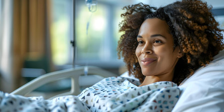 An Illustration of a Resilient Woman Resting in a Hospital Bed with an IV Drip, Symbolizing Recovery. Concept Resilience, Woman, Illustration, Hospital, Recoveryの素材