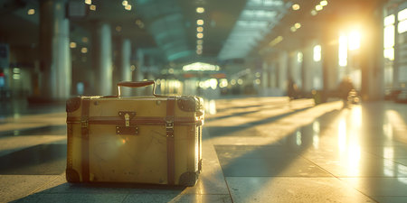 D graphic of luggage in airport representing travel and adventure theme. Concept Travel, Adventure, Airport, Luggage, 3D Graphicの素材