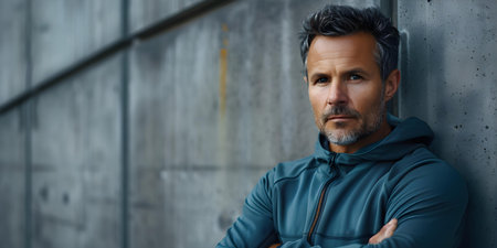 Fit middleaged man in athletic apparel poised for urban run. Concept Fitness, Athletic Apparel, Middle-aged, Urban Run, Healthy Lifestyleの素材