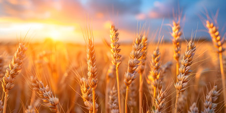Sunset Glow Over Wheat Field: Close-Up Photo with Centered Composition and Copy Space. Concept Sunset Photography, Wheat Field, Close-Up Shot, Centered Composition, Copy Spaceの素材