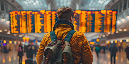 Excited traveler checks departure board before boarding at a bustling airport. Concept Traveling, Departure Board, Airport, Excitement, Adventureの素材