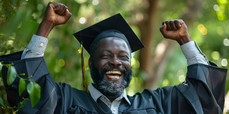 Man jubilantly celebrates cap and gown ceremony achieving academic milestone. Concept Celebration, Achievement, Education, Graduation, Successの素材