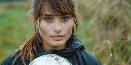 A female footballer holding a ball and standing confidently on the grass. Concept Sports Photography, Female Athlete, Soccer Ball, Confidence, Grass Fieldの素材