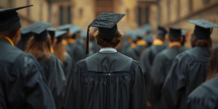 Back view of graduate in cap with peers on street. Concept Graduation Photography, Cap and Gown, Back View Shot, Street Setting, Group of Friendsの素材
