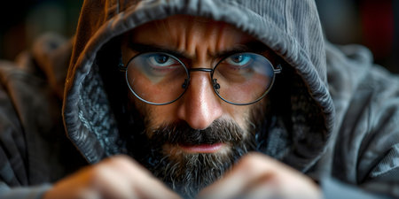 Cybercriminal with hoodie and glasses typing code in dimlylit room setting. Concept Cybercriminal, Hoodie, Glasses, Coding, Dark Roomの素材