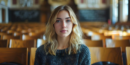 Focused female student in lecture hall during university class looking attentive. Concept University Lecture, Female Student, Focused Expression, Attentive Behavior, Education Conceptの素材