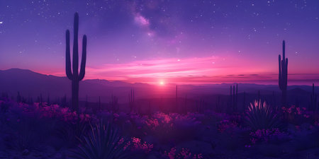 Cacti silhouettes against a starry night sky in the desert landscape. Concept Desert Scenery, Cacti Silhouettes, Starry Night, Landscape Photographyの素材