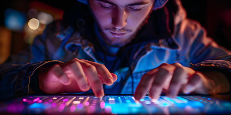 Typing on a Tablet: A Teenager's Fingers on a Digital Keyboard. Concept Technology, Teenagers, Digital Literacy, Gadgets, Communicationの素材