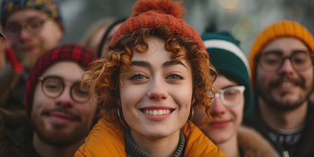 Diverse group of people outdoors joyfully embracing international community of students. Concept Outdoor Photoshoot, Joyful Portraits, Diverse Community, International Students, Cultural Diversityの素材