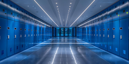 School hall lined with blue lockers creating a vibrant hallway atmosphere. Concept School Hallways, Blue Lockers, Vibrant Atmosphereの素材