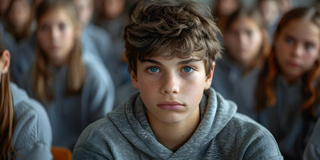 Teenage boy in a sea of classmates symbolizing isolation with mental health. Concept Isolation, Mental Health, Teenage Boy, School, Classmatesの素材