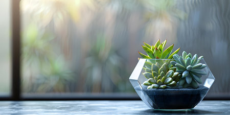 Succulents in geometric glass planter with sandy substrate desert plant arrangement centered professional photo copy space. Concept Succulents, Geometric Planter, Desert Arrangementの素材