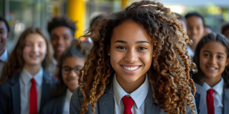 Diverse High School Students and Young Black Teacher in a Portrait. Concept Portrait Photography, Diversity, High School Students, Young Black Teacherの素材