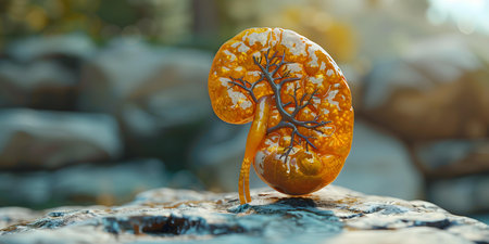 Realistic D model of a human kidney in detailed depiction. Concept Anatomy, Human Body, Medical Illustration, Kidney Model, Scientific Visualizationの素材