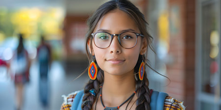 Confident Native American Teenager Heading Back to School for the New Academic Year. Concept Back to School, Native American Culture, Teenagers, Confidence, Academic Yearの素材