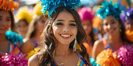 Latina cheerleaders in colorful uniforms cheer during a festive parade event. Concept Latin Festival, Cheerleading Squad, Colorful Uniforms, Parade Event, Festive Atmosphereの素材
