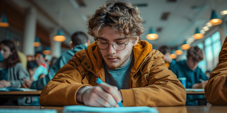 Students in classroom diligently working on written test during final examination. Concept Classroom, Students, Written Test, Final Examination, Diligently Workingの素材