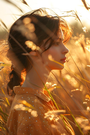 A serene woman basks in a peaceful moment in a sunny field. Concept Portrait Photography, Nature Background, Tranquil Moment, Natural Lighting, Calm Expressionの素材