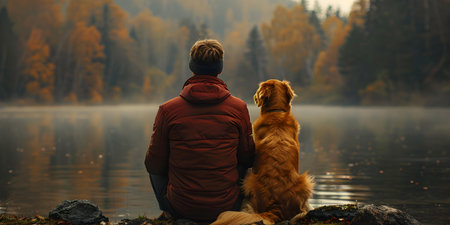 A human and canine companion enjoying a peaceful moment in nature. Concept Nature photoshoot, Human and dog bond, Tranquil moments, Outdoor portraits, Peaceful connection,の素材