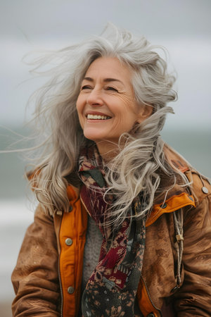 "Joyful Moment by the Sea: An Older Woman Laughs Happily." Concept Joyful Moments, Seaside Happiness, Laughter at Sea, Elderly Laughs, Beach Joyの素材