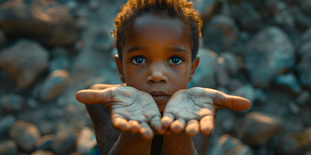 Seeking Help: Symbol of Poverty and Desperation Through a Child's Outstretched Hands. Concept Poverty, Desperation, Child, Symbol, Handsの素材