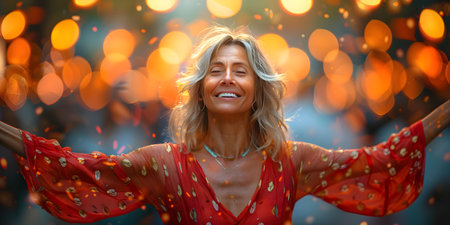 Woman Dancing Happily at an Outdoor Celebration Event. Concept Outdoor Photoshoot, Joyful Portraits, Music and Dance, Celebration Event, Happinessの素材