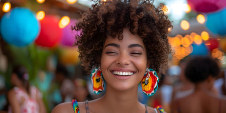 Woman happily dancing and smiling outdoors at a festive occasion. Concept Festive Dance, Joyous Outdoors, Smiling Woman, Happy Occasionの素材