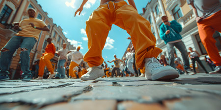 Hiphop dancers compete in energetic breakdancing showcase on city streets. Concept Street Dance Battles, Urban Culture, Energetic Performances, Breakdancing Moves, City Streetsの素材