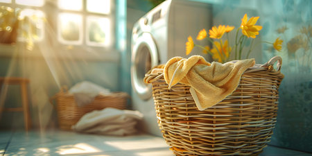 Overflowing laundry basket next to the washing machine filled with clean clothes. Concept Laundry day, Clean clothes, Household chores, Home organization, Laundry room aestheticsの素材