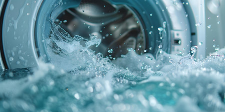 Fresh water entering the washing machine drum, creating soapy splashes: laundry concept. Concept Laundry Day, Washing Machine, Soapy Splashes, Fresh Water, Laundry Conceptの素材
