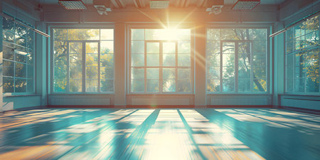 Vibrant dance studio with large windows and ballet bar for lessons. Concept Dance lessons, Ballet bar, Large windows, Vibrant studio, Creative movementの素材
