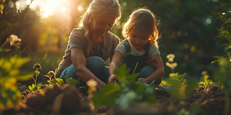 Generations bonding over gardening a grandmother and granddaughter planting flowers together. Concept Family bonding, Gardening, Inter-generational relationships, Nature connectionの素材