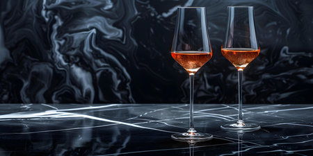 Two elegant champagne glasses stand out against a dark moody backdrop. Concept Photography, Champagne glasses, Elegant, Dark moody backdrop, Luxuryの素材
