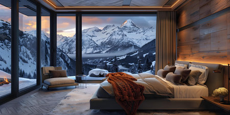 Winter Sunrise Panorama: Stylish Bedroom with Mountain View. Concept Home Decor, Winter Escapes, Bedroom Inspiration, Mountain Views, Sunrise Photographyの素材