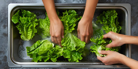 Carefully Washing Lettuce: Woman's Hands in Kitchen Sink for Fresh Salad Prep. Concept Food Preparation, Healthy Eating, Cooking at Home, Fresh Ingredients, Careful Handlingの素材