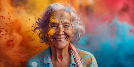 happy old woman at holi festival with powder on her face centered professional photo copy space. Concept Holi Festival, Happy Old Woman, Colorful Powder, Professional Photos, Copy Spaceの素材