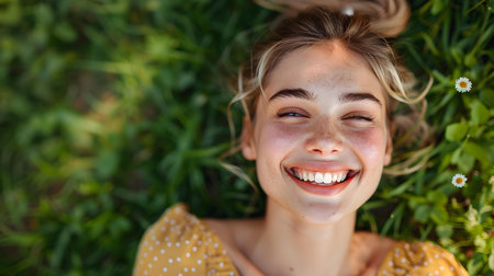 A carefree young woman laughing joyfully while lying on grass outdoors. Concept Outdoor Photoshoot, Joyful Portraits, Playful Posesの素材