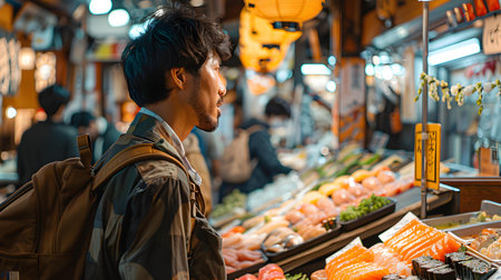 Exploring the lively Tokyo sushi market: An adventurous tourist's journey. Concept Tokyo Sushi Market, Adventure, Tourist, Exploration, Vibrant Cultureの素材