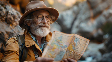 Embracing global exploration: The spirit of wanderlust in an elderly adventurer. Concept Travel, Adventure, Elderly, Wanderlust, Global Explorationの素材