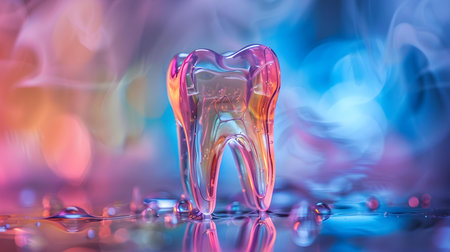 Detailed view of a translucent tooth against colorful abstract background. Concept Tooth Anatomy, Translucent Dental, Abstract Art, Colorful Background, Close-up Photographyの素材
