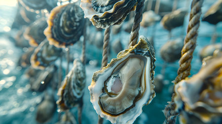 Oysters Cultivated on Ropes in their Aquatic Environment: Close-up Shot. Concept Oyster Farming, Rope Cultivation, Aquatic Environment, Close-up Photographyの素材